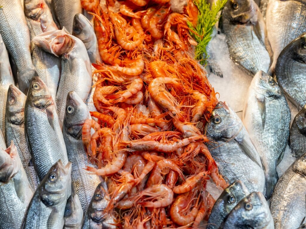 peixes e camarão expostas sobre gelo picado para evitar intoxicações alimentares no verão